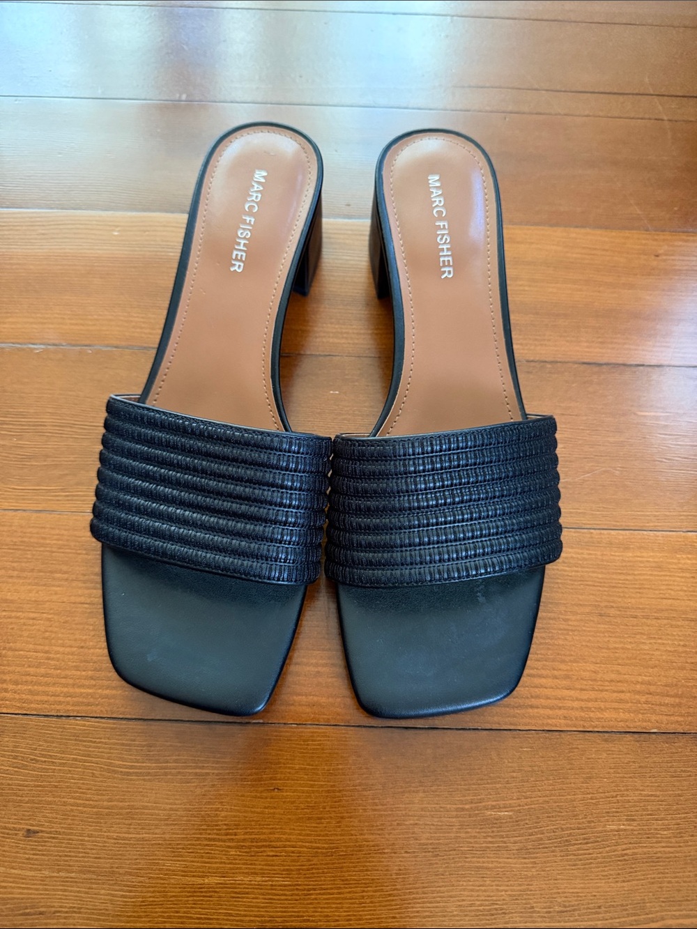 Marc Fisher Black Ribbed Band Square-Toe Slide Heels
